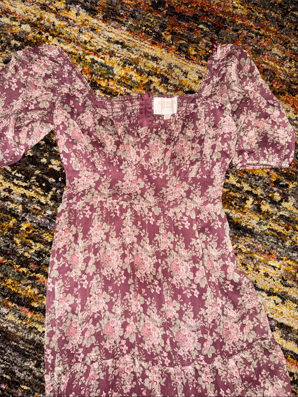 Burgundy Floral Puff Sleeve Maxi Dress M